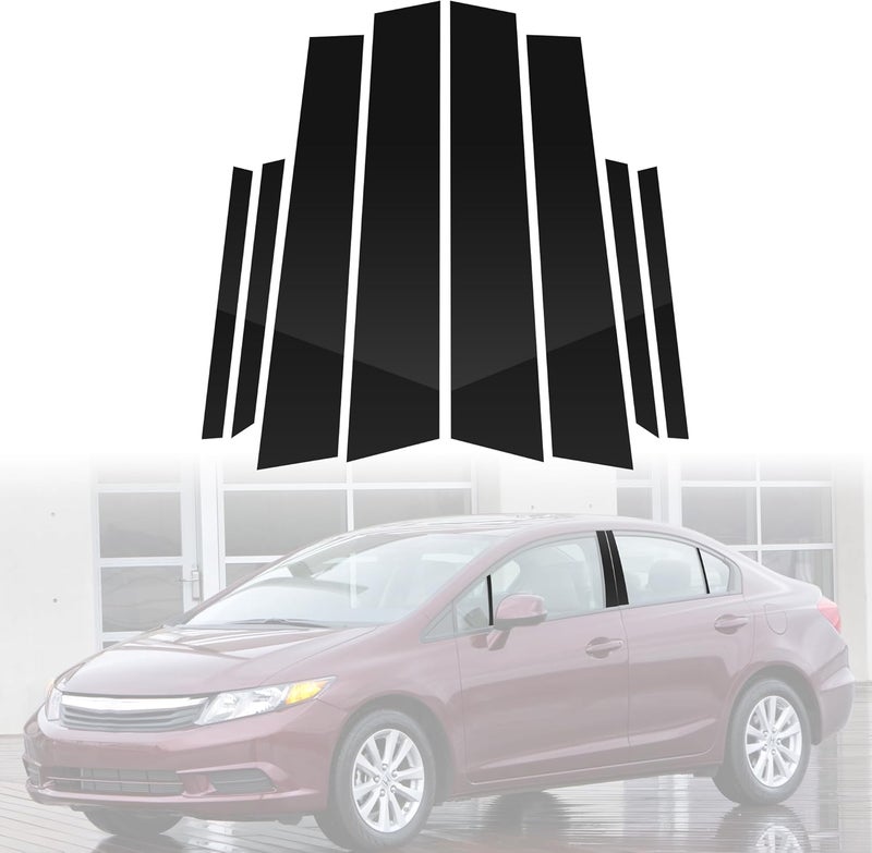 BASIKER Fit for Honda Civic 9th Gen 2012 to 2015 Pillar Post Trim Kit, Door Window B Pillar Glossy Black Cover, Strong Toughness PC Material - Image 1